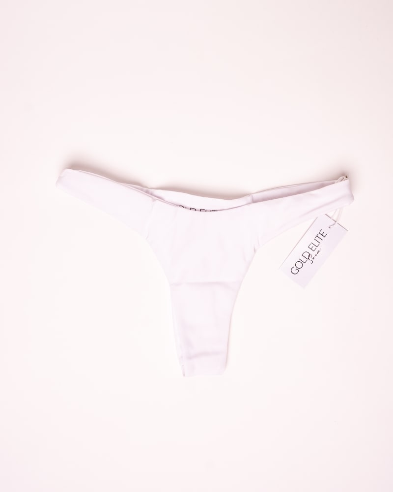 Front of a size L Cheeky Bikini Bottom in White by Gold Elite Apparel. | dia_product_style_image_id:288261